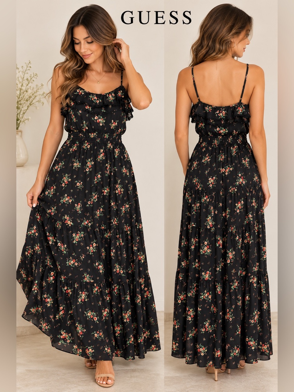 Guess Floral Maxi Dress Black Ruffle Spaghetti Strap Size 6